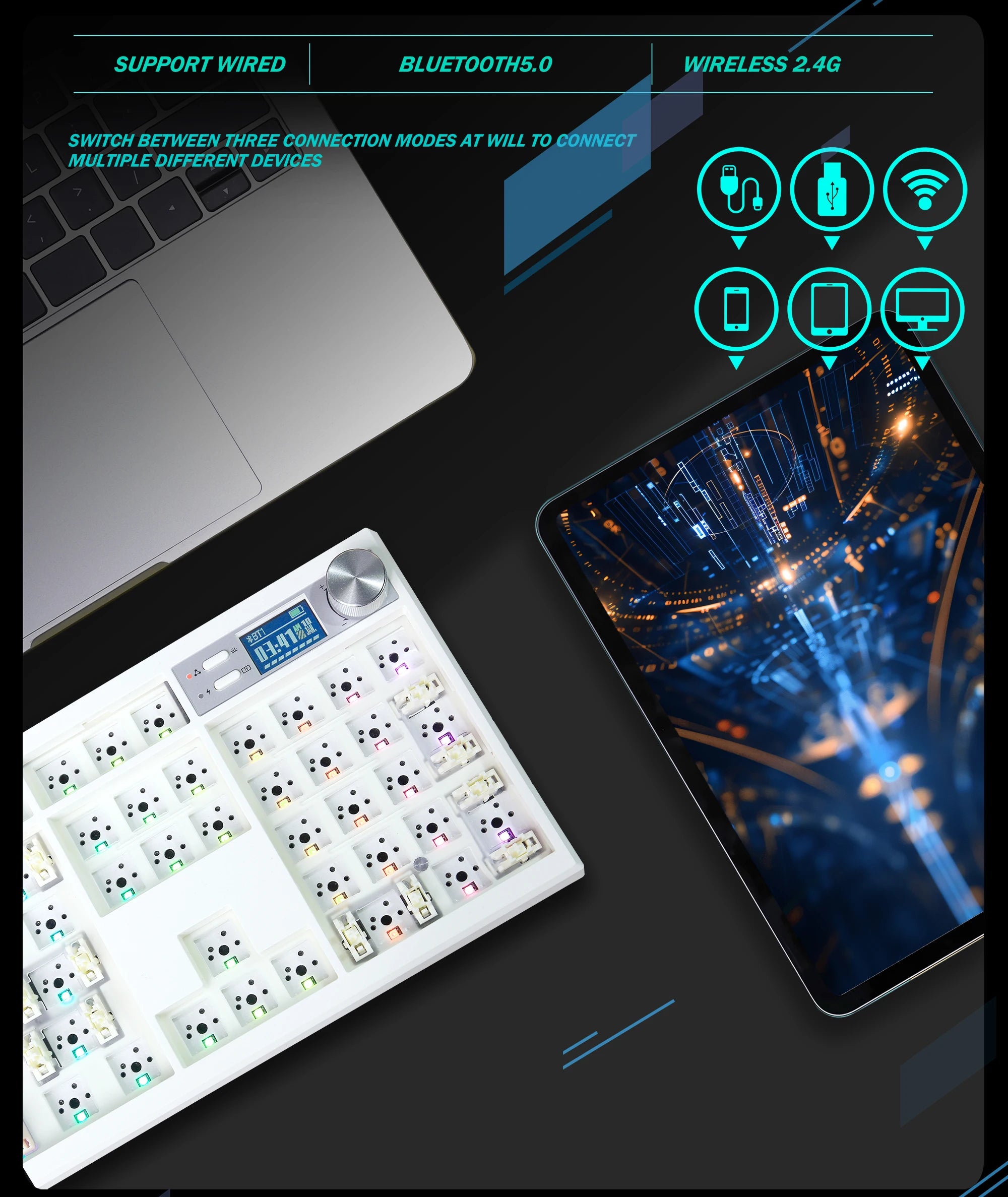 GMK104 DIY Hot Swappable Mechanical Keyboard Kit with Knob Gamer Keyboard RGB Backlight With screen 3mode Connection Support VIA